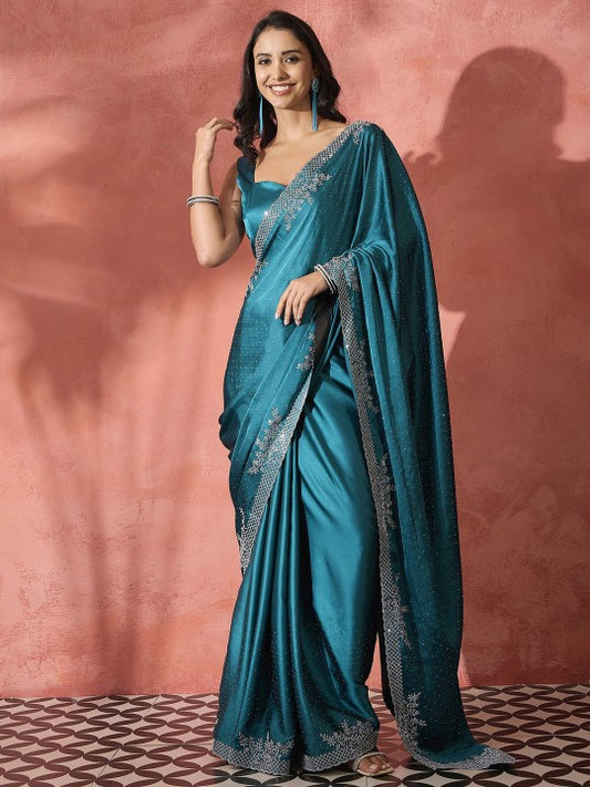 Embellished Satin Saree with Unstitched Blouse
