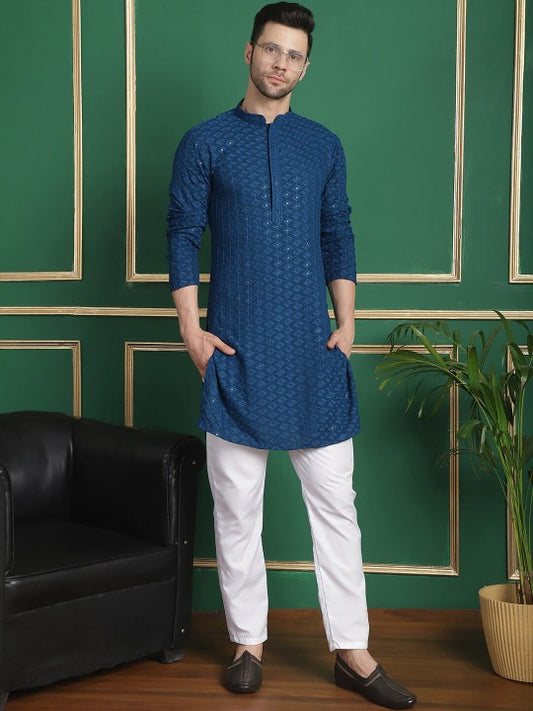Checked Woven Design Mandarin Collar Long Sleeves Kurta