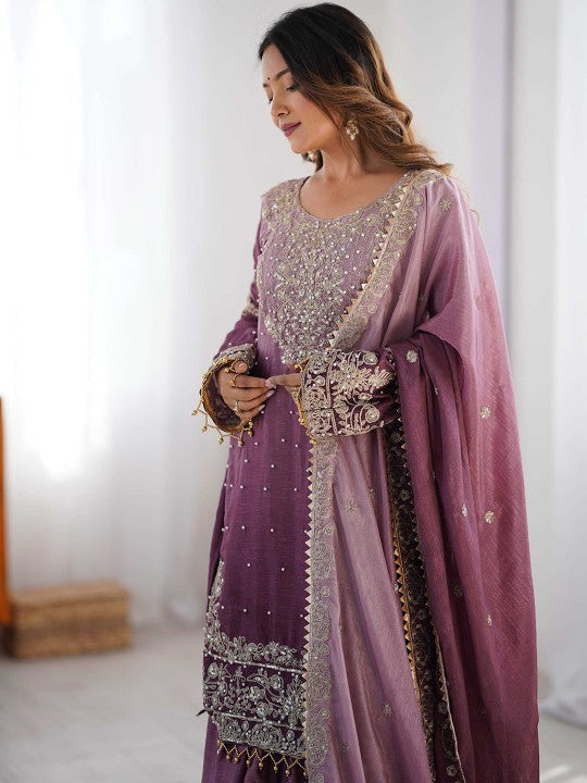 Floral Embroidered Straight Kurta with Sharara & Dupatta