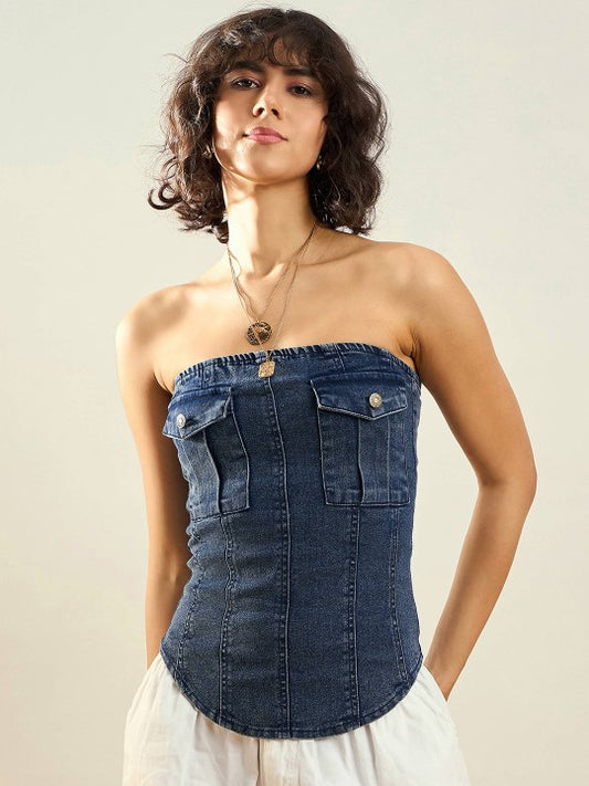 Blue Strapless Cotton Denim Tube Top