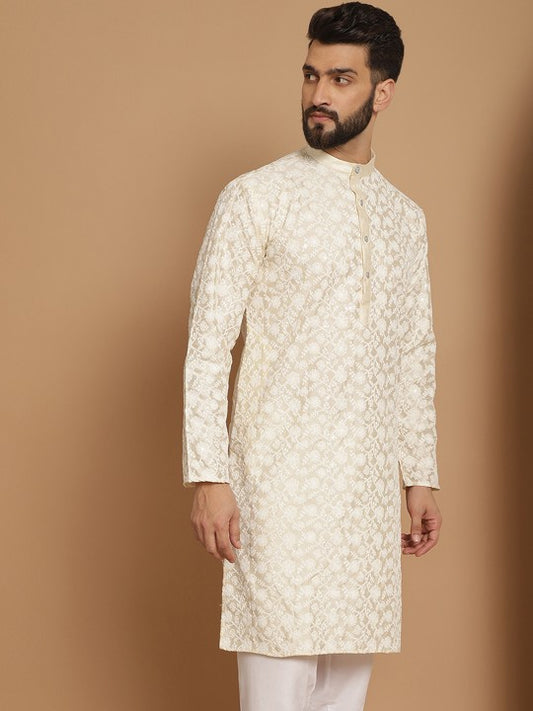 Men Cream‑Coloured Ethnic Motifs Thread‑Work Straight Kurta
