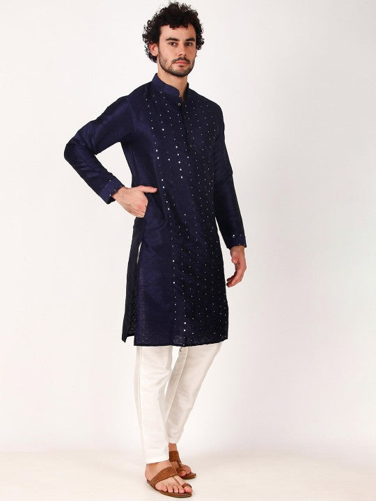 Geometric Embroidery Mandarin-Collar Mirror Work Kurta