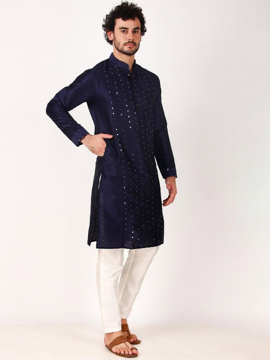 Geometric Embroidery Mandarin-Collar Mirror Work Kurta