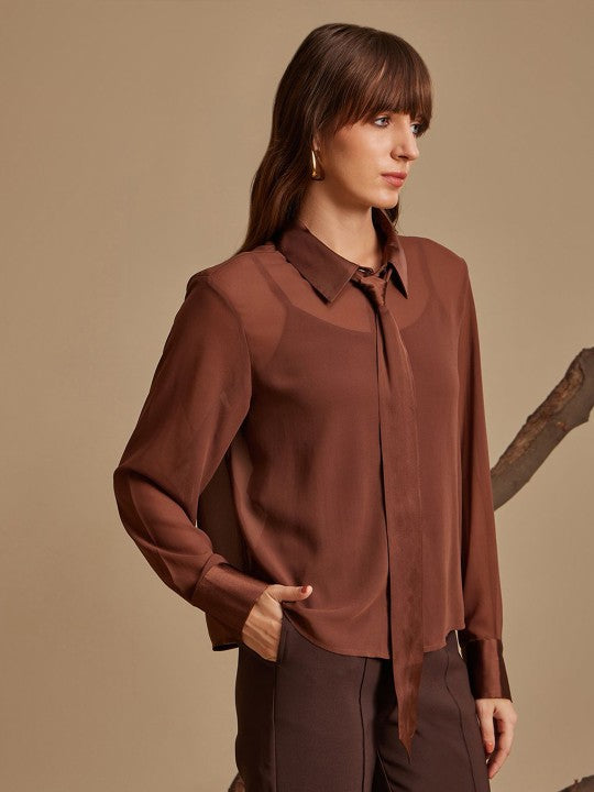 Women Spread Collar Solid Relaxed Fit Casual Shirt