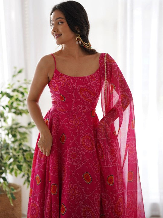 Bandhani Printed Anarkali Kurta with Trousers & Dupatta