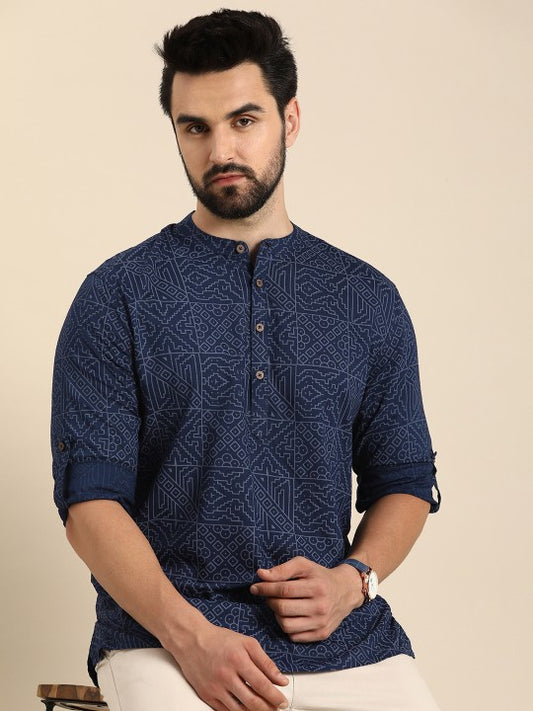 Men Geometric Printed Cotton Indigo Short Kurta