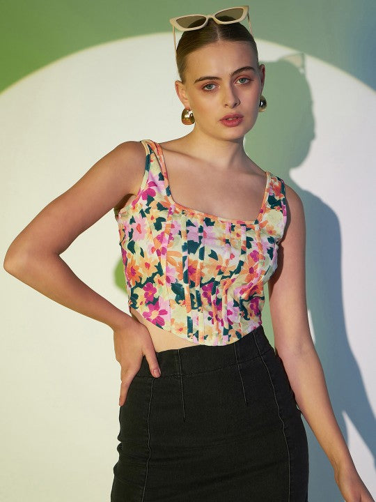 White Floral Printed Square Neck Sleeveless Regular Crop Top