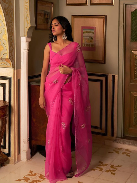 Pink & Gold‑Toned Floral Beads & Stones Organza Saree
