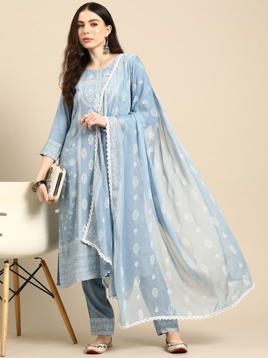Floral Foil Printed Regular Kurta with Trousers & Dupatta