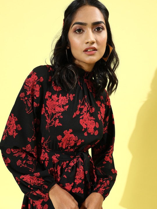 Black & Red Floral Halter Neck Crepe A-Line Mini Dress