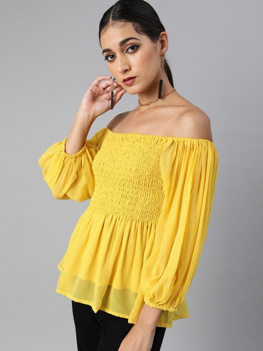 Off Shoulder Puff Sleeves Smocked Top