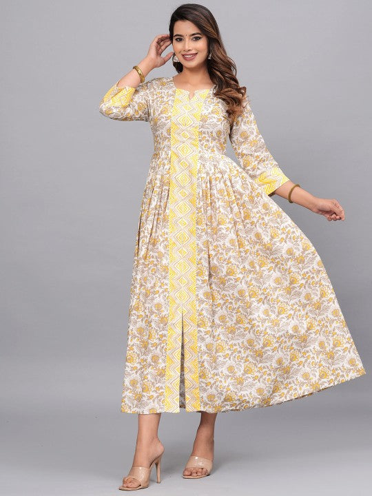 Floral Printed Three‑Quarter Sleeves Cotton Anarkali Kurta