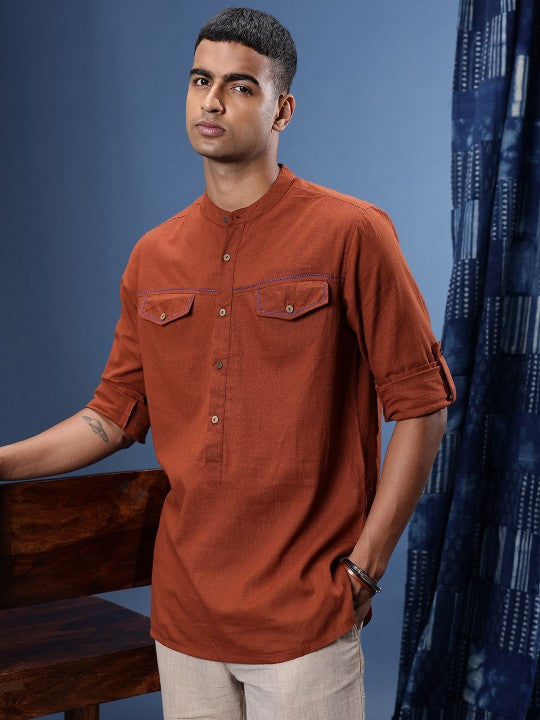 Pure Cotton Thread Work Roll-Up Sleeves Woven Legacy Kurta