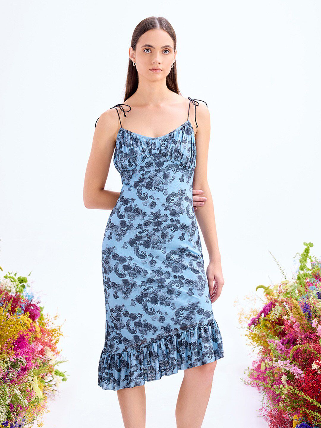 COVER STORY Blue Shoulder Straps Tropical Print Net Sheath Dress