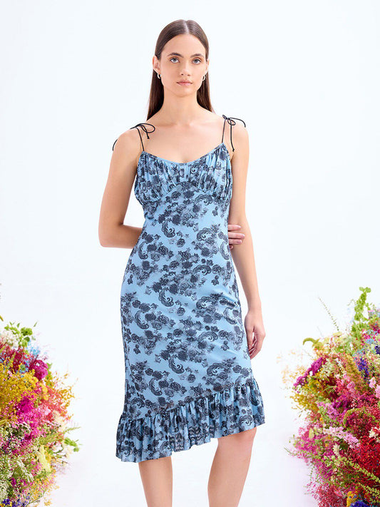 COVER STORY Blue Shoulder Straps Tropical Print Net Sheath Dress