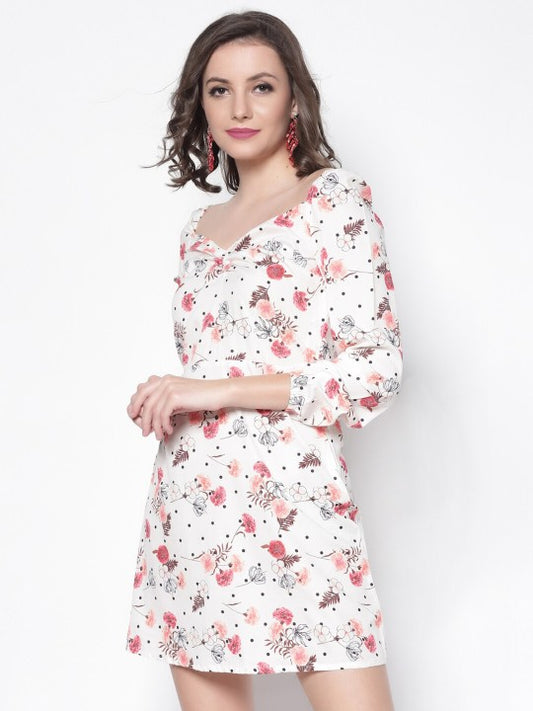 Floral Printed Sweetheart Neck Crepe A-Line Dress