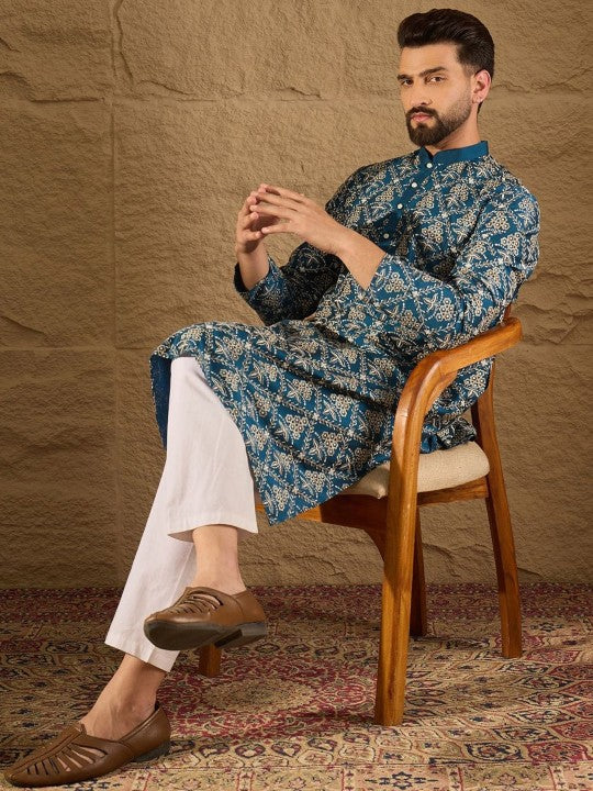 Floral Printed Mandarin Collar Silk Straight Kurta