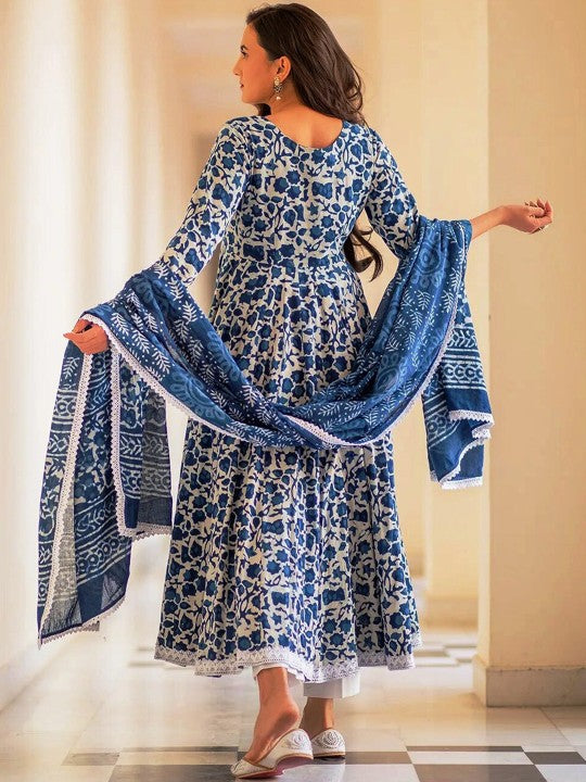 Floral Printed Anarkali Kurta & Trousers with Dupatta