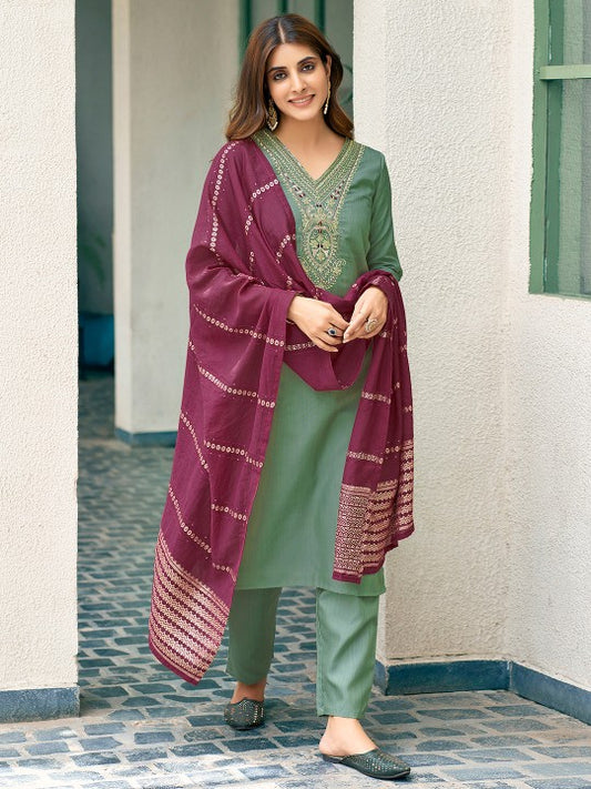 Women Embroidered Regular Sequinned Kurta with Trousers & Dupatta