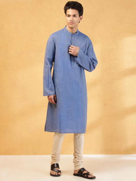 Thread Work Band Collar Cotton Straight Kurta