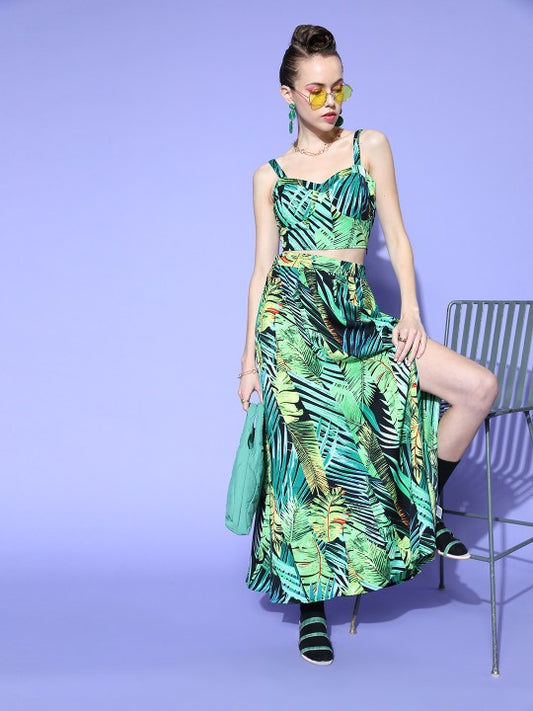Women Green & Yellow Tropical Print Cami Top & A-Line Skirt