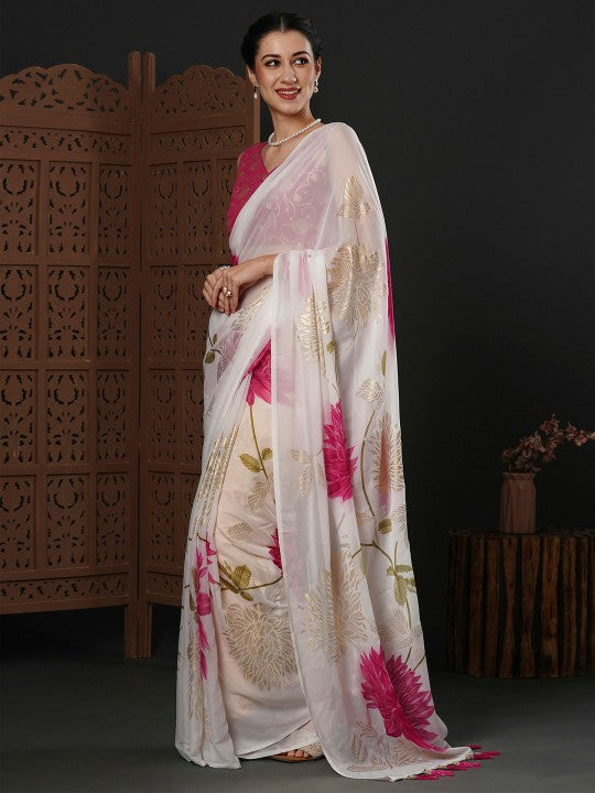 White & Pink Floral Printed Pure Georgette Saree