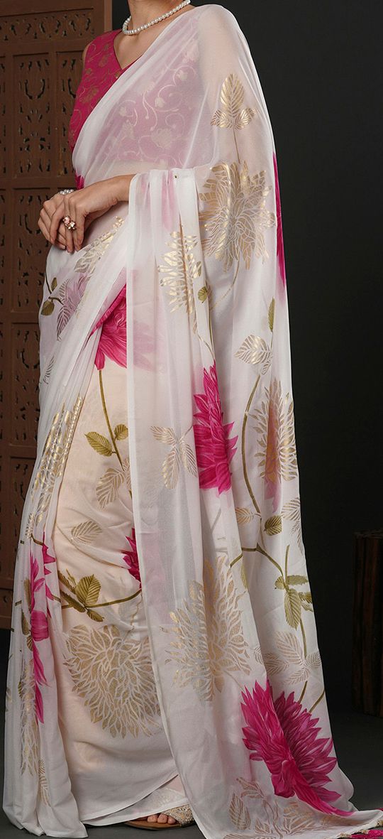 White & Pink Floral Printed Pure Georgette Saree