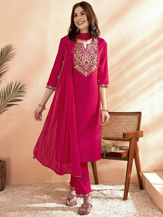 Pink Floral Yoke Design Thread Work Chanderi Silk Kurta with Trousers & Dupatta