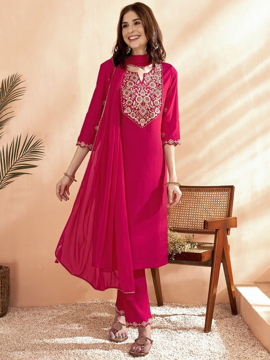 Pink Floral Yoke Design Thread Work Chanderi Silk Kurta with Trousers & Dupatta