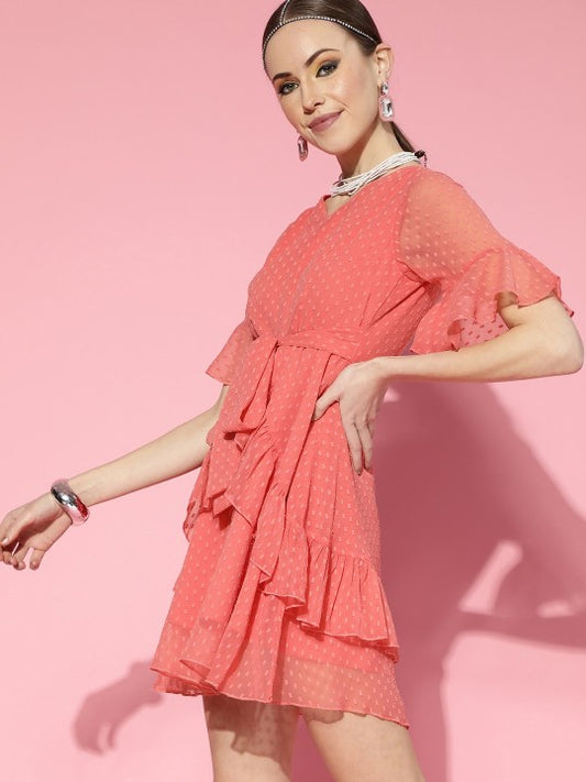 Pink Self Design Ruffle Detail Dress by Berrylush