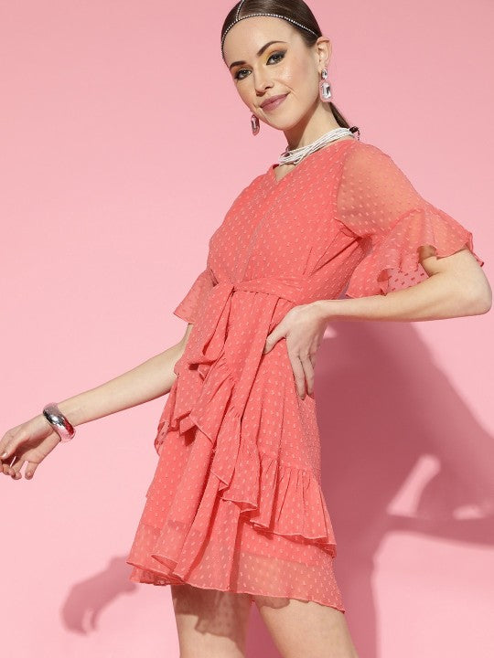 Pink Self Design Ruffle Detail Dress by Berrylush