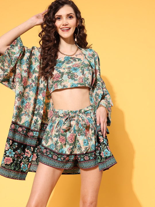 Women Beige & Blue Floral Printed 3 Piece Co-Ords