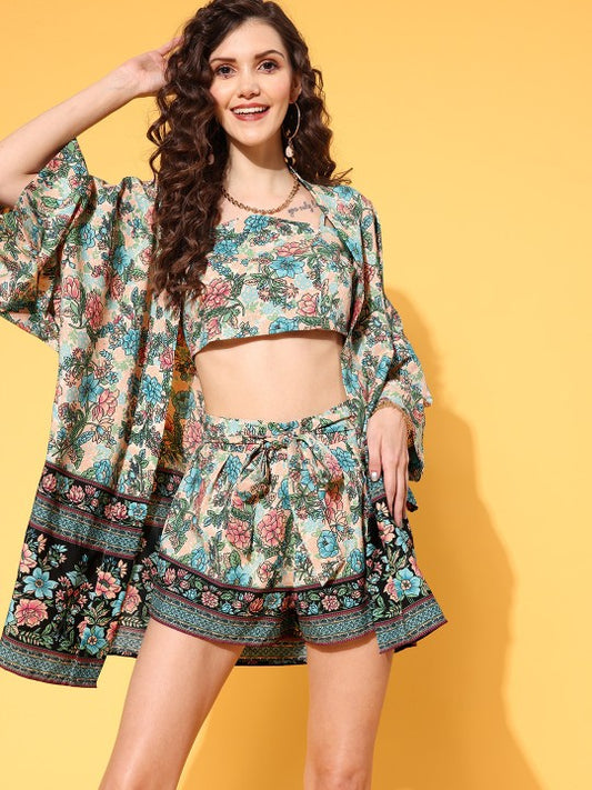 Women Beige & Blue Floral Printed 3 Piece Co-Ords