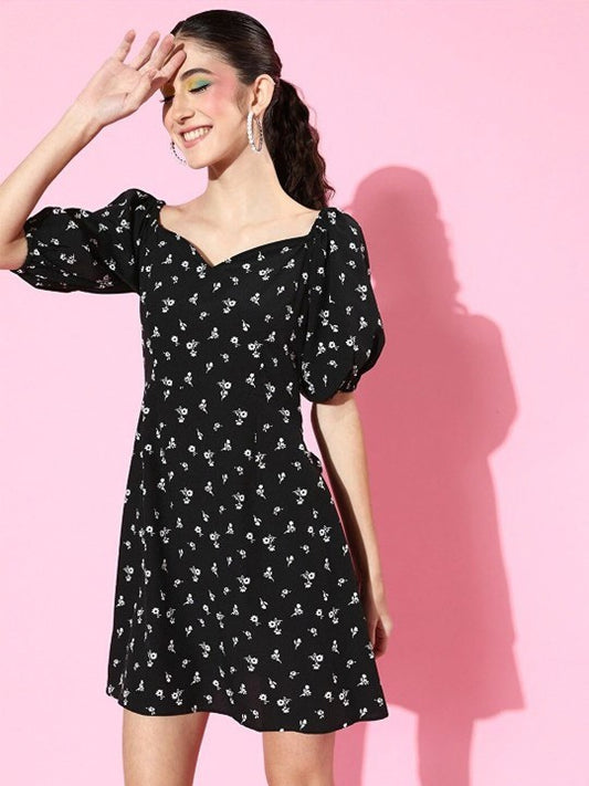 Print Puff Sleeve Crepe Fit & Flare Mini Dress