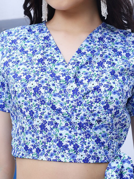 Sera Blue Floral Printed V-Neck Wrap Top With Flared Skirt Co-Ords