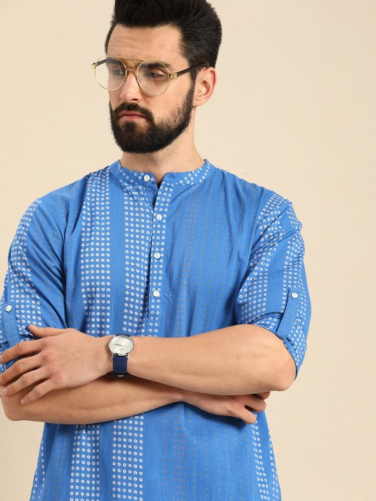 Men Blue Bandhani Printed Pure Cotton Kurta