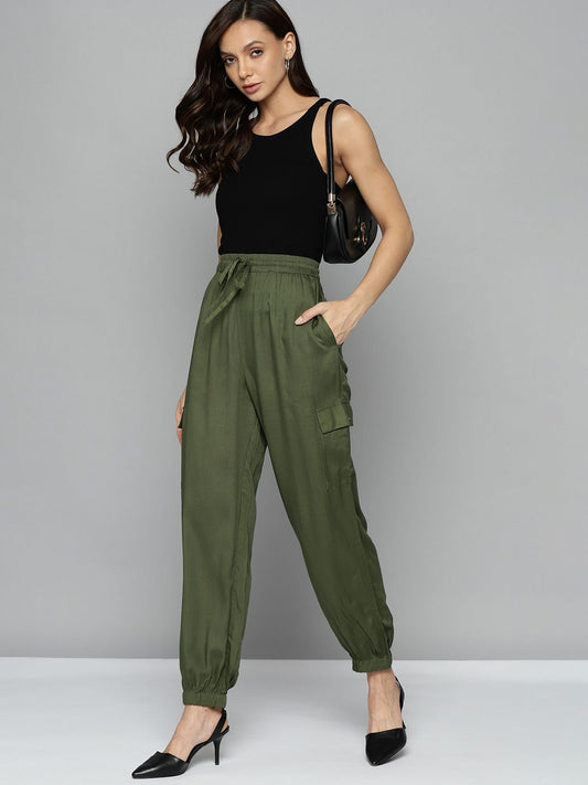Women Olive Green Solid High-Rise Pleated Cargos Trousers