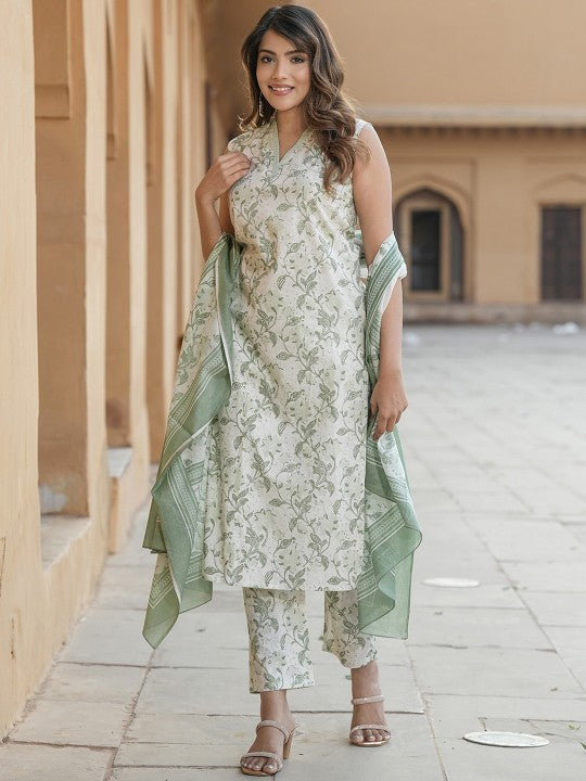V‑Neck Floral Printed Regular Thread Work Pure Cotton Kurta Set