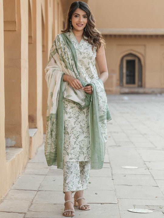 V‑Neck Floral Printed Regular Thread Work Pure Cotton Kurta Set