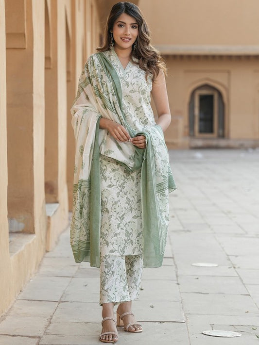 V‑Neck Floral Printed Regular Thread Work Pure Cotton Kurta Set