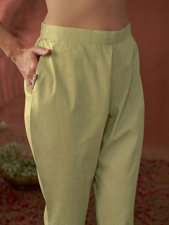 Green Floral Embroidered Beads & Stones Linen Kurta with Trousers & Dupatta