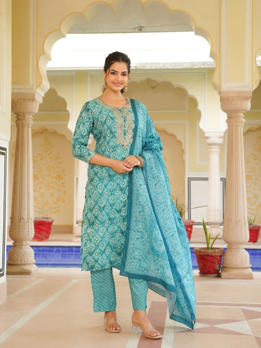 Bandhani Printed Kurta with Trousers & Dupatta