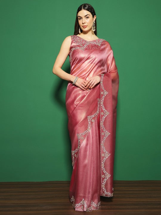 Saree Mall Embellished Beads and Stones Organza Saree