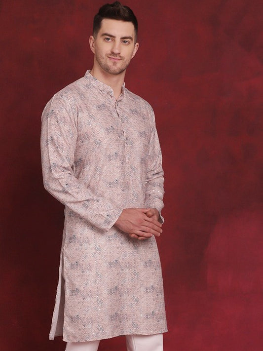 Peach Floral Woven Design Cotton Thread‑Work Straight Kurta