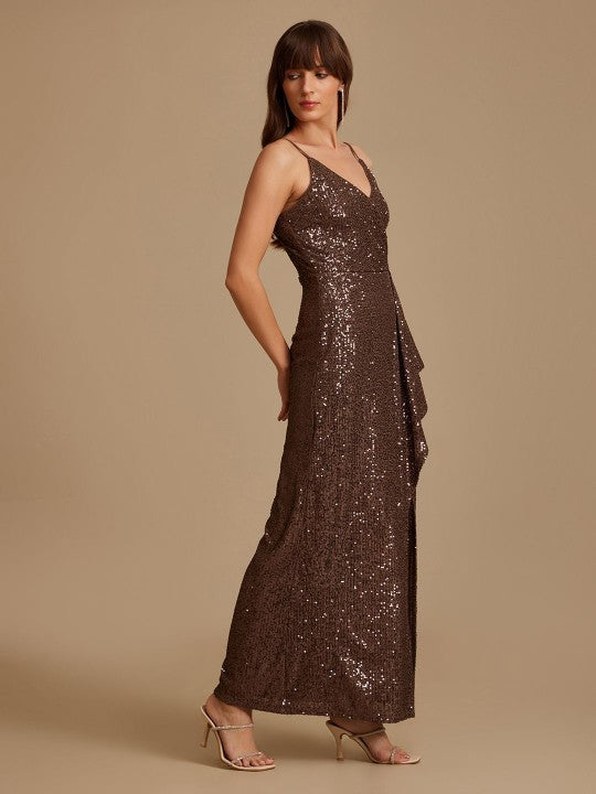 Sequin Embellished Satin A-Line Maxi Dress