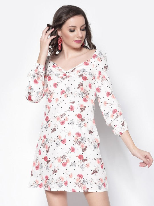 Floral Printed Sweetheart Neck Crepe A-Line Dress