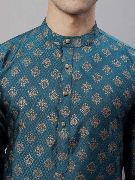 Teal Blue & White Ethnic Motifs Woven Design Kurta with Pyjamas