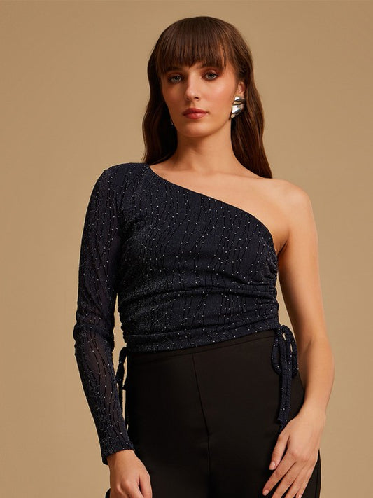 Women Navy Blue One Shoulder Top