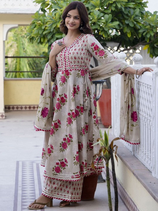 Cream-Coloured Floral Printed Pure Cotton Anarkali Kurta with Palazzos & Dupatta