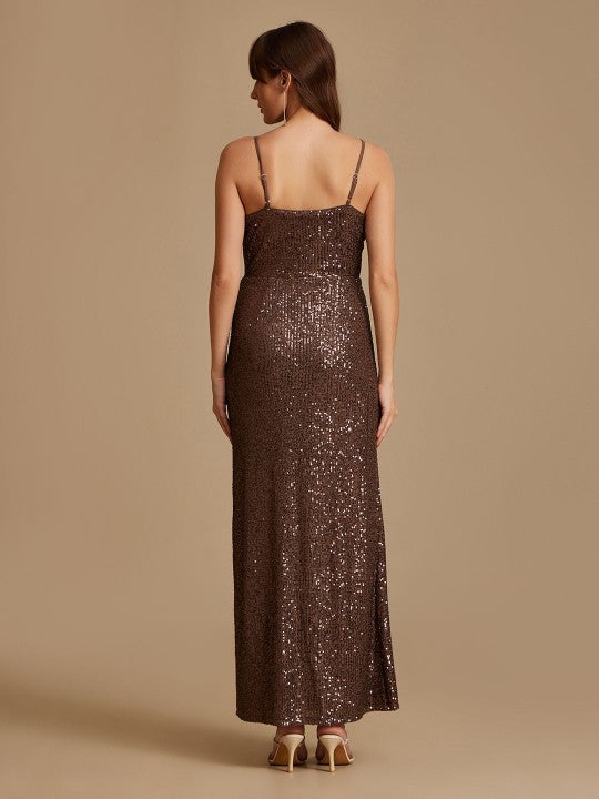 Sequin Embellished Satin A-Line Maxi Dress